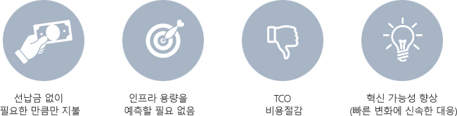 선납금 없이 필요한 만큼한 지불, 인프라 용량을 예측할 필요 없음, TCO 비용절감, 혁신 가능성 향산 (빠른 변화에 신속한 대응)