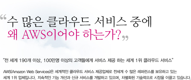 수 많은 클라우드 서비스 중에 왜 AWS이어야 하는가? "전 세계 190개 이상, 100만명 이상의 고객들에게 서비스 제공 하는 세계 1위 클라우드 서비스" AWS(Amazon Web Services)은 세계적인 클라우드 서비스 제공업체로 전세계 수 많은 레퍼런스를 보유하고 있는 세계 1위 업체입니다. 지속적인 기능 개선과 신규 서비스를 개발하고 있으며, 차별화된 기술력으로 시장을 이끌고 있습니다.